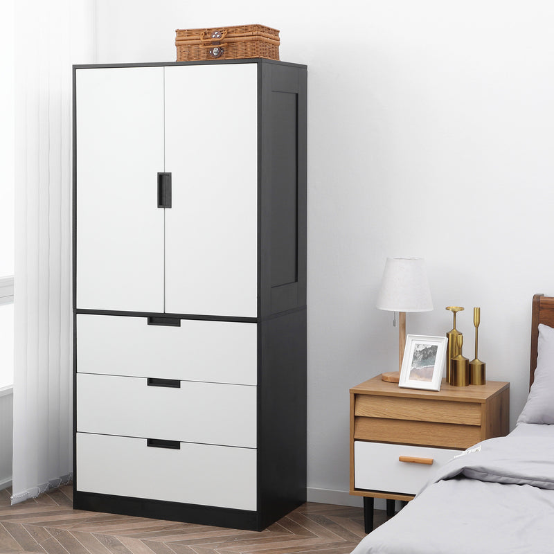 Modern 2 Door Bedroom Wardrobe With 3 Drawers And Hanging Rail For Storage Black