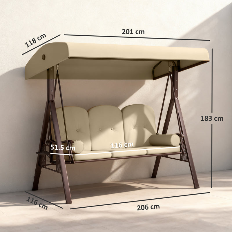 Patio Swing - 3 Seater Garden Swing Chair With Tilting Canopy For Patio Or Lawn Relaxing, Brown