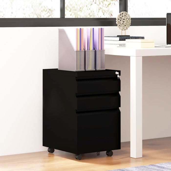 3 Drawer Steel Filing Cabinet With Lock For A4 Legal And Letter Files On Wheels, Black