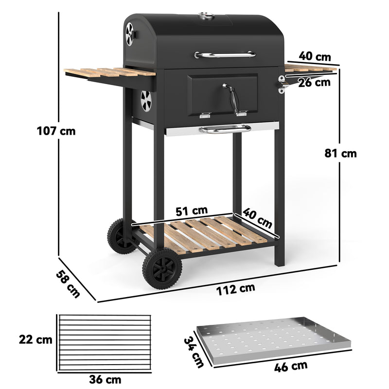 Charcoal BBQ Grill with Adjustable Charcoal Pan Warming Rack Shelves and Wheels by Outsunny