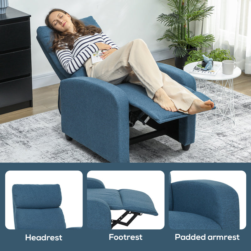 Push Back Recliner Armchair with Footrest and 135 Degree Recline for Lounge Comfort Blue