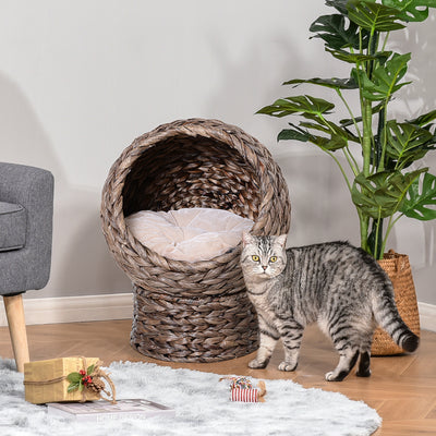 Raised Rattan Cat Bed with Soft Washable Cushion Ideal for Comfortable Naps Brown AOSOM