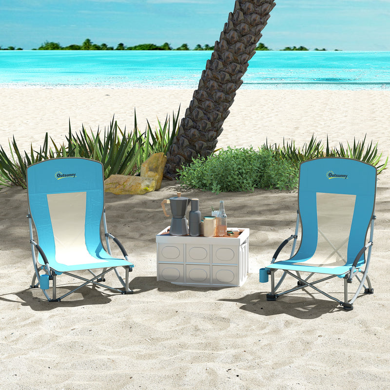 Set of 2 Blue Folding Beach Chairs with Mesh Back Carry Bag and Cup Holder for Camping