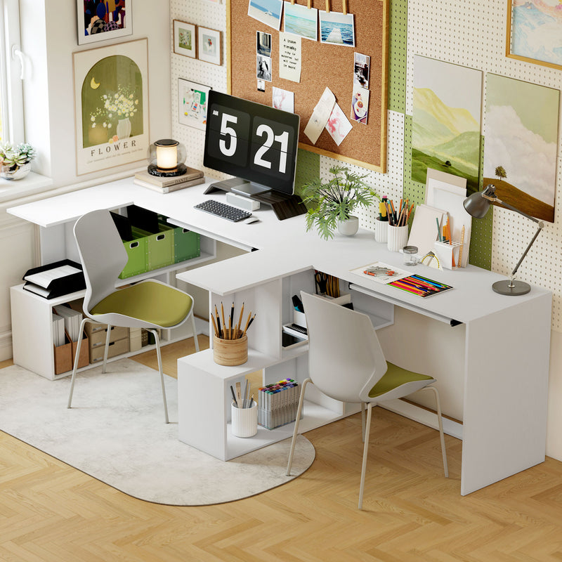 L Shaped Corner Desk with Shelves and Keyboard Tray for Small Home Office White