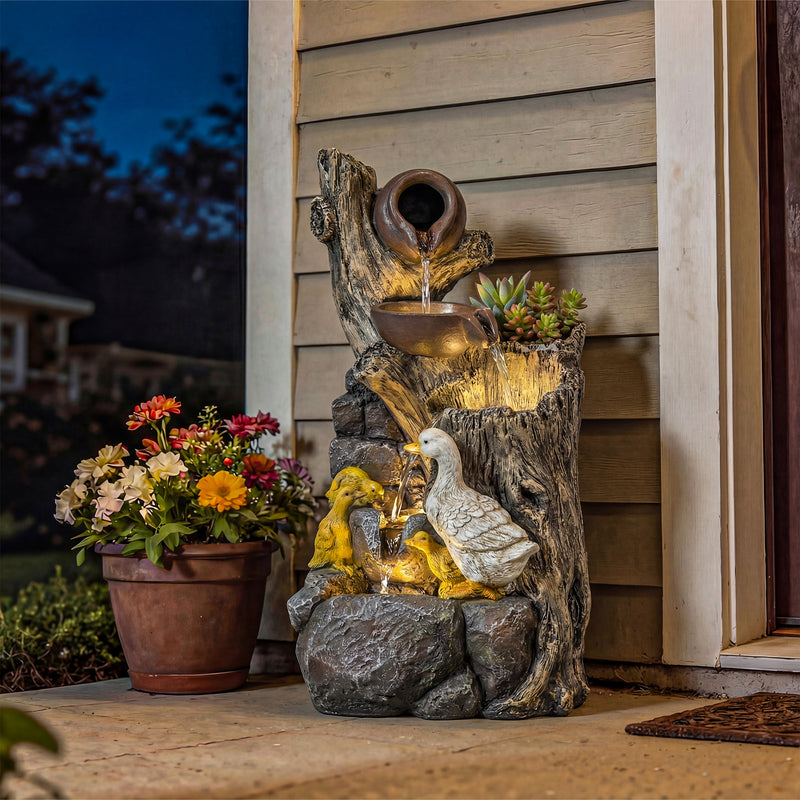 Garden Water Fountain with 5-Tier Cascading Waterfall and Warm White LED Lights Mixed Colour AOSOM