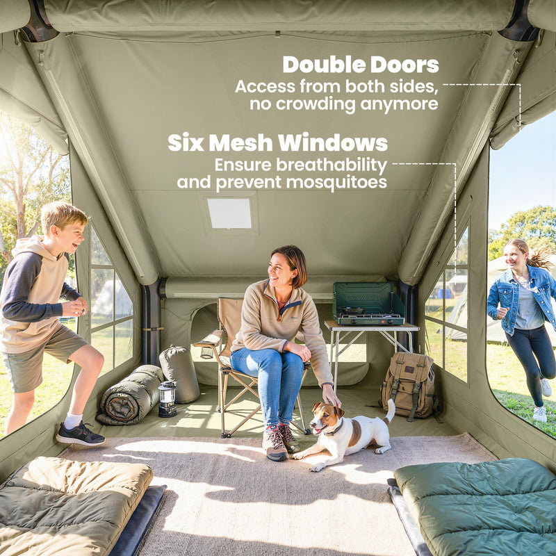 Inflatable Camping Tent With Pump, Stove Jack, Mesh Windows, 2–4 Person, Olive Green