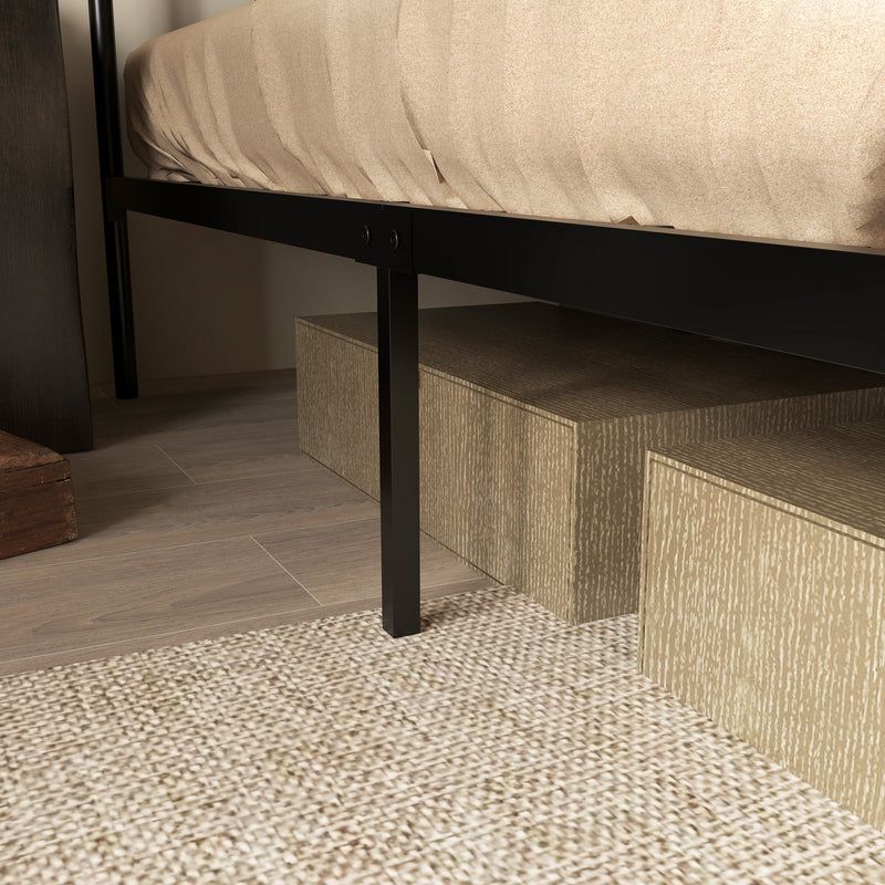 Double Bed Frame with Wood Headboard and Steel Slats for Storage and Support Rustic Brown