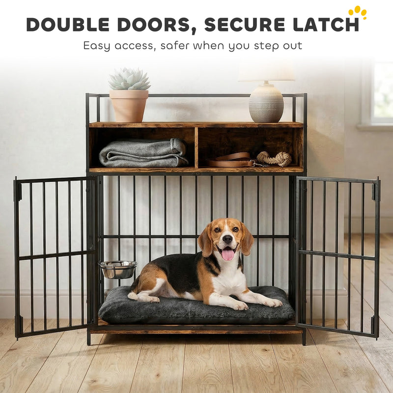 Dog Crate Side Table with Rotating Feeding Station for Medium Dogs Rustic Brown Black AOSOM