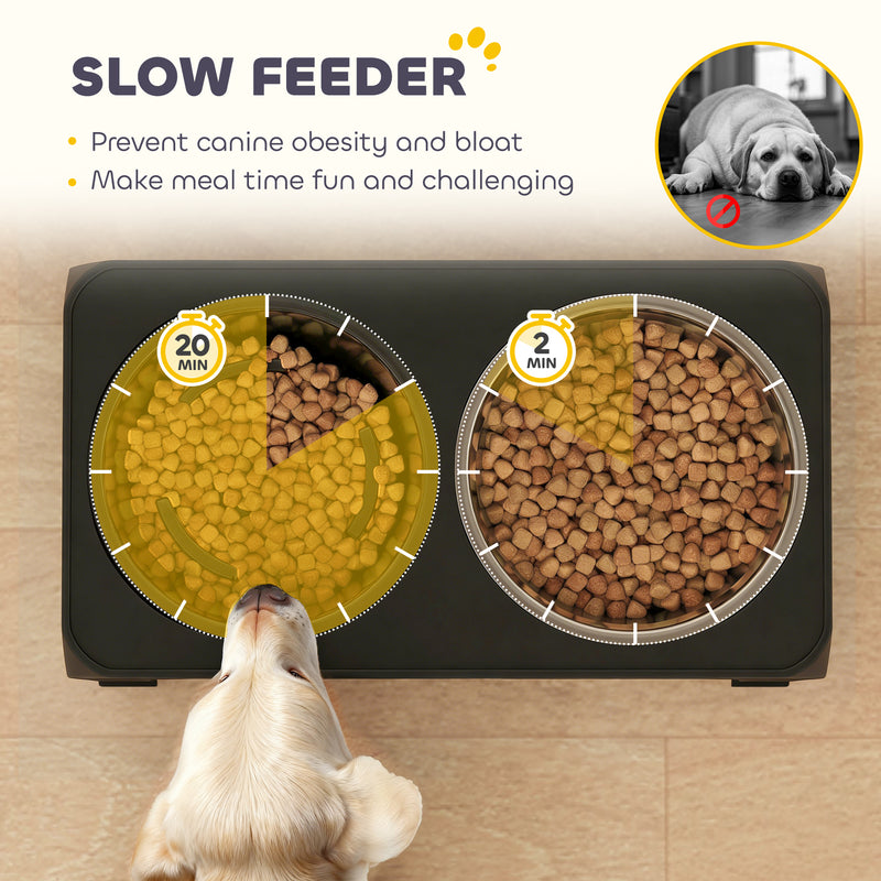 Foldable Elevated Dog Bowl Stand With Slow Feeder And 4 Heights For All Breeds Grey
