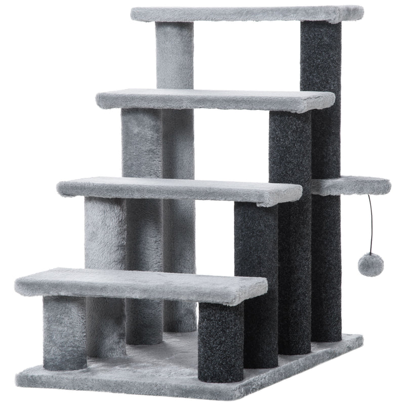 4 Step Cat Stairs with Scratching Posts Platforms and Hanging Toy for Indoor Use, Grey