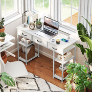 White 120cm Computer Desk with Power Outlets 3 Drawers and 4 Storage Shelves for Home Office