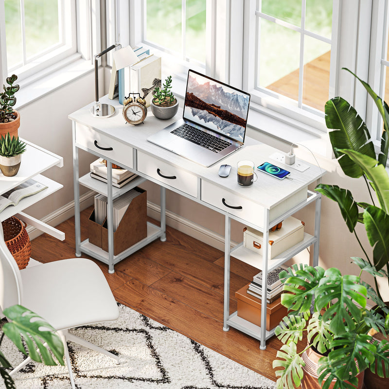 White 120cm Computer Desk with Power Outlets 3 Drawers and 4 Storage Shelves for Home Office