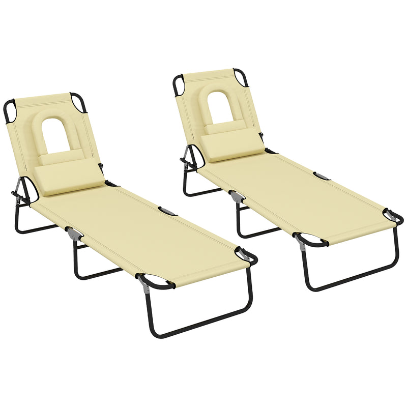 Set of 2 Folding Sun Loungers with Face Hole and Adjustable Backrest for Garden Use, Beige