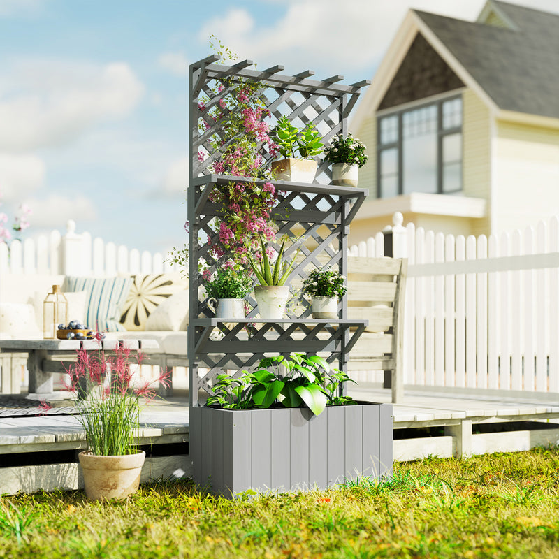 Wooden Garden Planter with Trellis and Shelves for Climbing Plants 52L Capacity Grey Outsunny