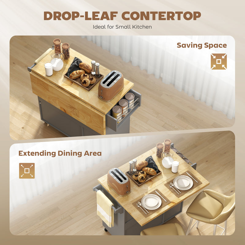 Grey Mobile Kitchen Island Trolley With Drop Leaf, Storage Shelves, Drawers, and Rubber Wood Counter Top For Easy Meal Prep