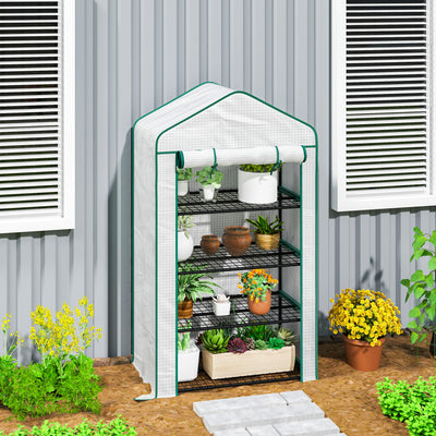Four Tier Mini Greenhouse With Reinforced Cover Ideal For Small Gardens Green AOSOM