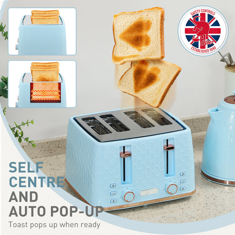 1.7L Fast Boil 3000W Jug Kettle and 4 Slice Toaster Set With Browning Control, Light Blue