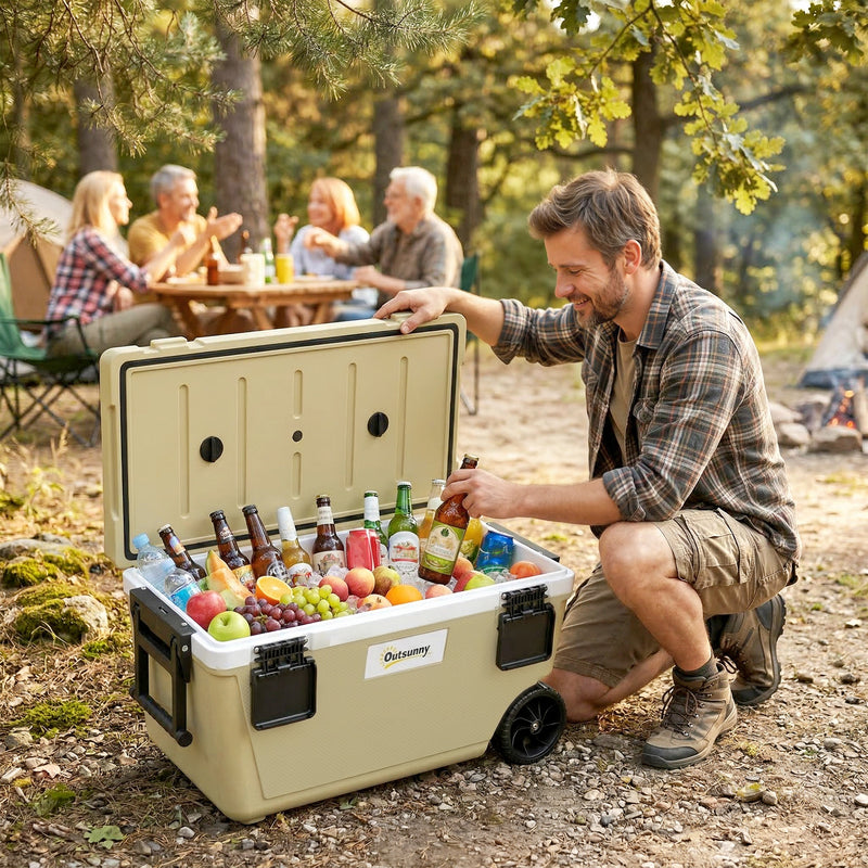 Outdoor Cooler Box | 70L | 72-Hour Ice Retention | Wheels & Handle | Khaki Outsunny
