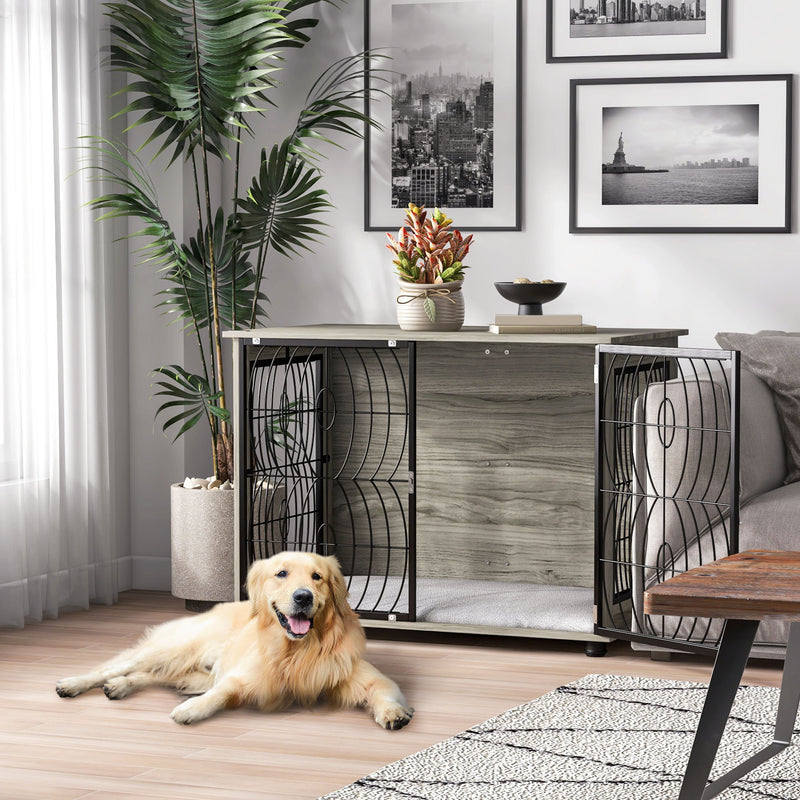 Large Dog Crate End Table with Lockable Door and Washable Cushion for Indoor Use Grey