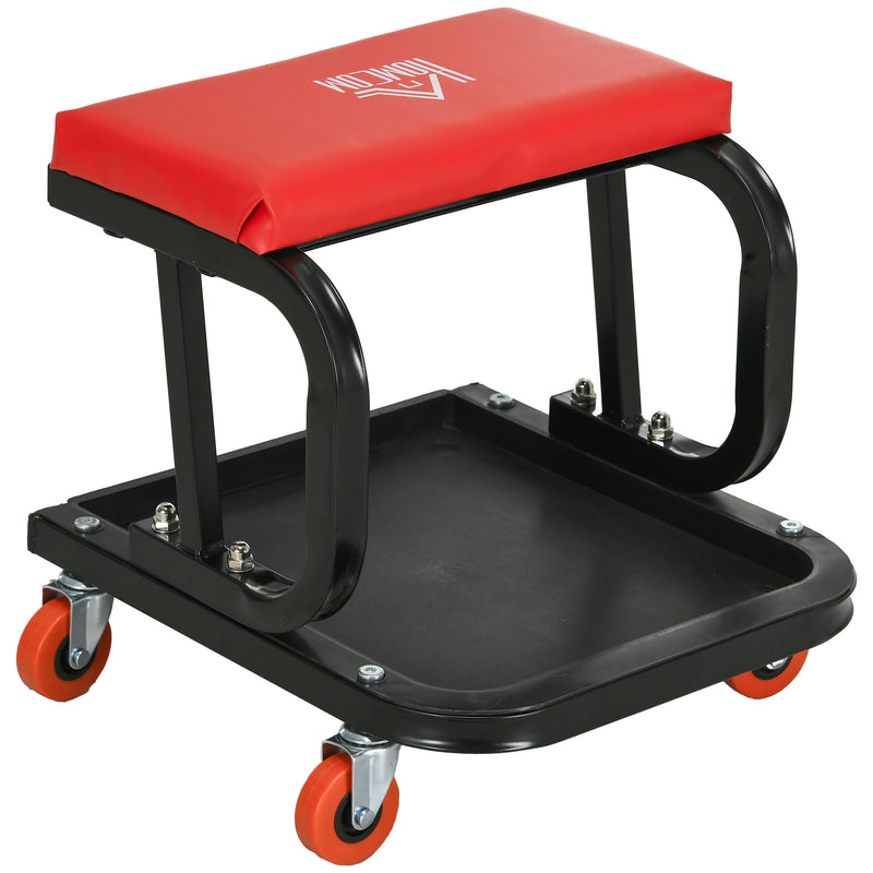 Mechanic Stool with Tool Tray and Wheels for Comfortable Garage Work Red and Black AOSOM