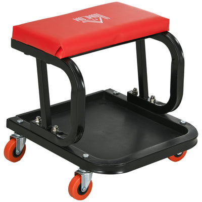 Mechanic Stool with Tool Tray and Wheels for Comfortable Garage Work Red and Black AOSOM
