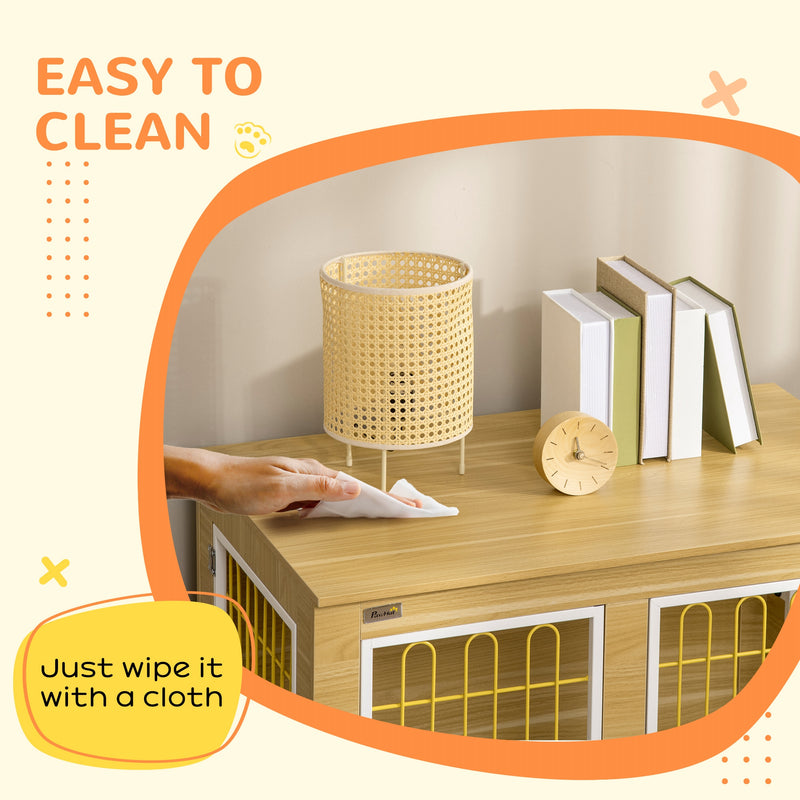 Wooden Dog Crate End Table with Double Doors and Soft Cushion for Indoor Use Oak Tone