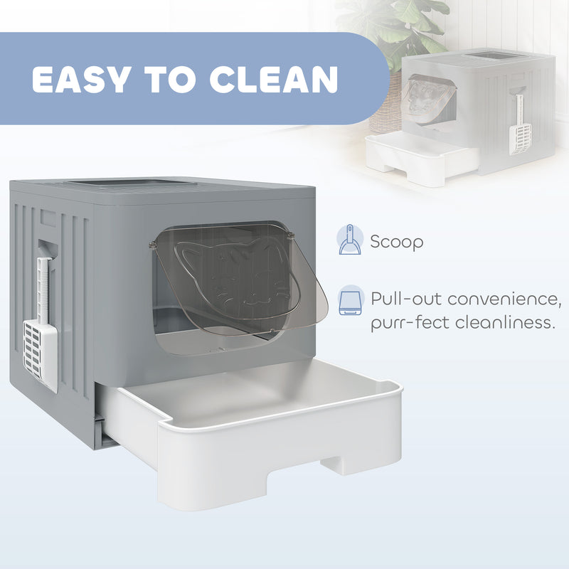 Foldable Cat Litter Box with Lid Drawer and Scoop for Easy Cleaning and Odour Control Grey AOSOM