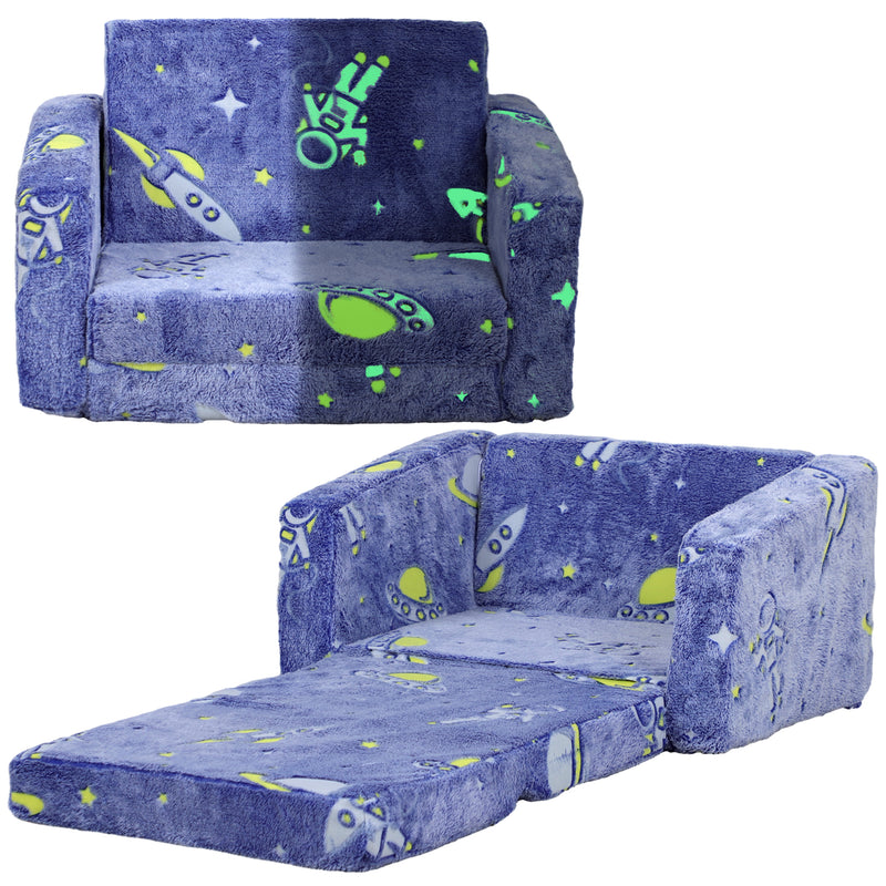 2 in 1 Kids Folding Bed and Armchair with Glow in the Dark Cushion Cover, Blue