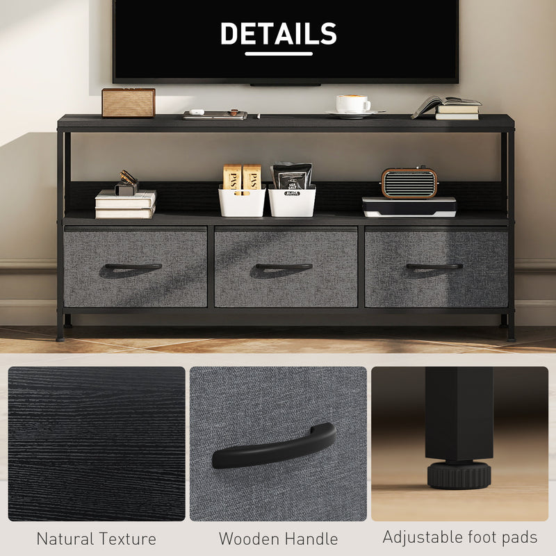 Black TV Stand Cabinet with 3 Foldable Fabric Storage Drawers for Living Room or Bedroom