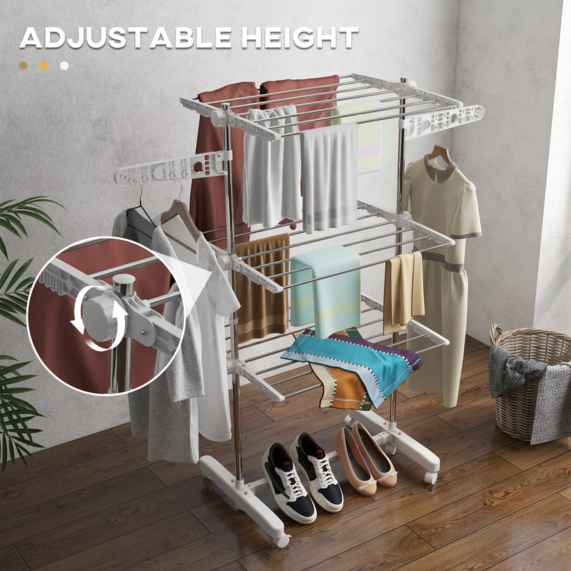 3 Tier Foldable Clothes Airer With Wheels Stainless Steel Drying Rack For Indoor Use, White