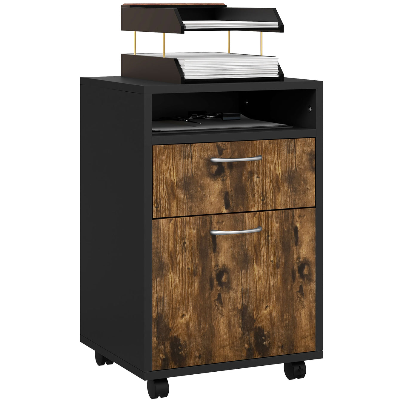 60cm Industrial Mobile Filing Cabinet with Drawer and Open Shelf by HOMCOM