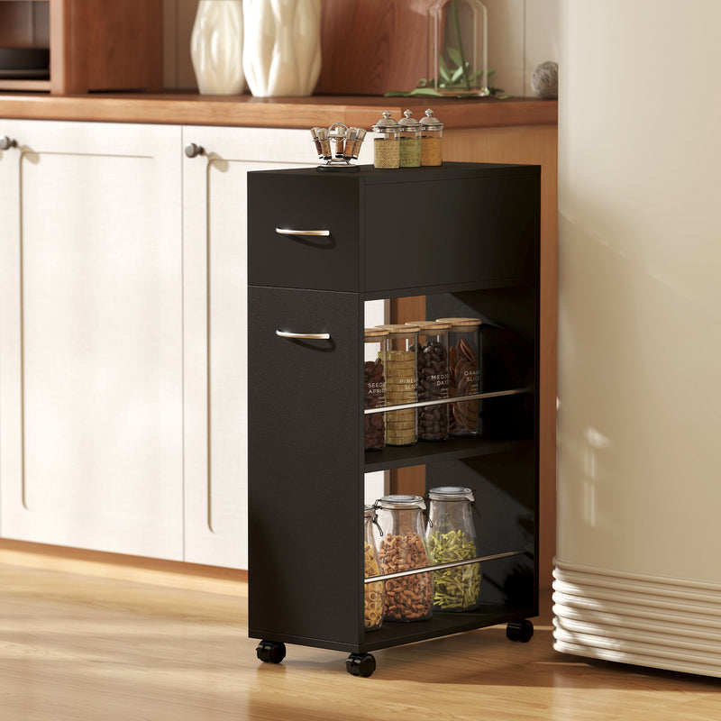 Slim Kitchen Storage Trolley with Drawer and Shelves for Narrow Spaces Black