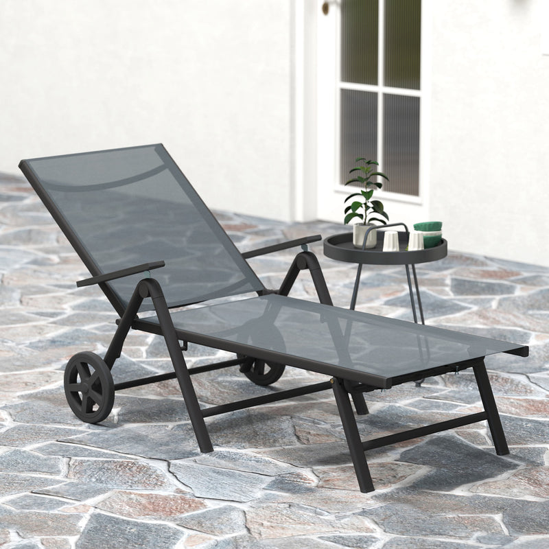Grey Folding Sun Lounger with Wheels 5 Position Adjustable Reclining Garden Chair by Outsunny