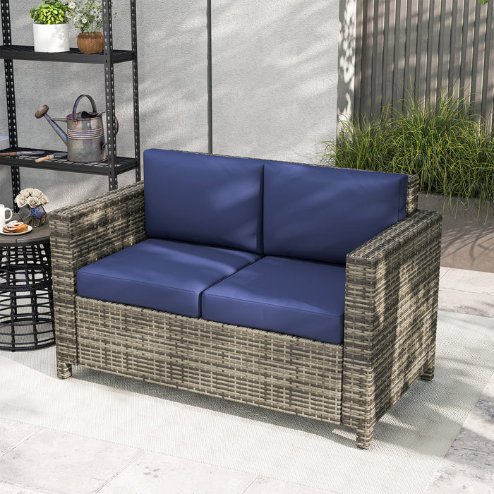 2 Seater Rattan Garden Sofa with Armrests and Cushions Navy Blue by Outsunny