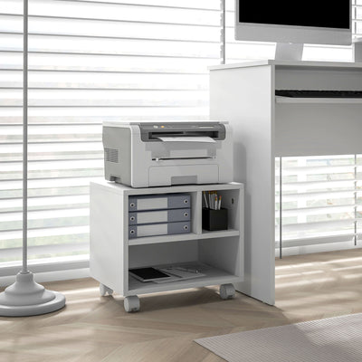 Three Compartment Printer Cabinet with Storage and Lockable Wheels for Home Office, White