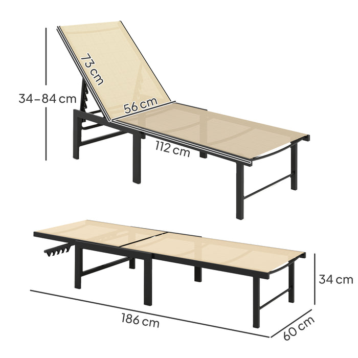 Khaki Adjustable Sun Lounger with 5 Recline Levels and Steel Frame for Garden and Beach by Outsunny