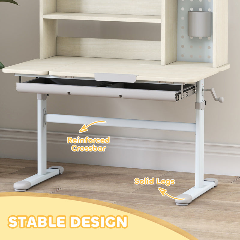 Height Adjustable Kids Study Desk With Tilt Top Storage Hutch And Pegboard Natural AOSOM