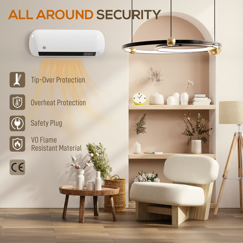 2000W Wall Mounted Ceramic Electric Heater With Fan and Thermostat Control, White
