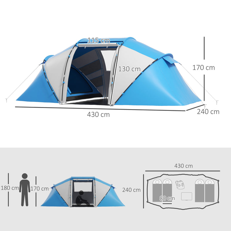 Outsunny 4 Man Camping Tent, UV Protection Tunnel Tent with 2 Bedrooms and Living Area, Large Hiking Sun Shelter, 430 x 240 x 170 cm, Blue and White