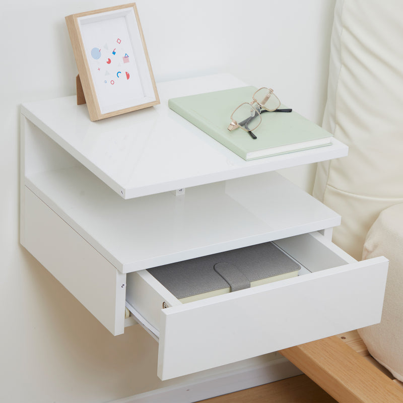 Set of Two White Floating Bedside Tables with High Gloss Finish by HOMCOM