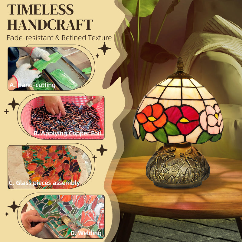 Compact Bedside Table Lamp with Stained Glass Shade for Soft Bedroom Lighting Bronze Multicoloured Homcom