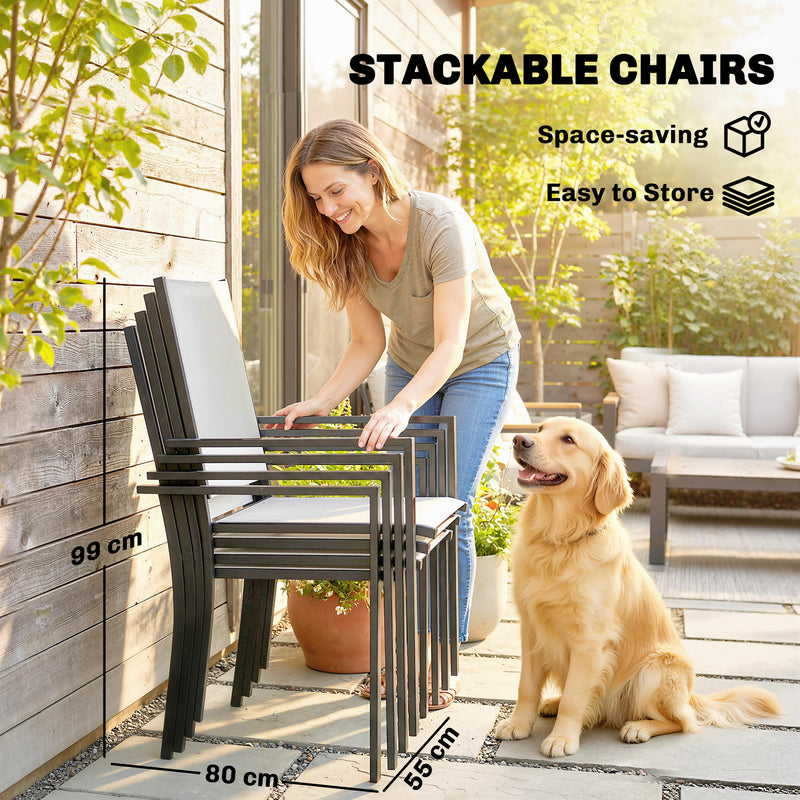 Garden Dining Set for 4 with Stackable Chairs and Easy Clean Glass Table Light Grey