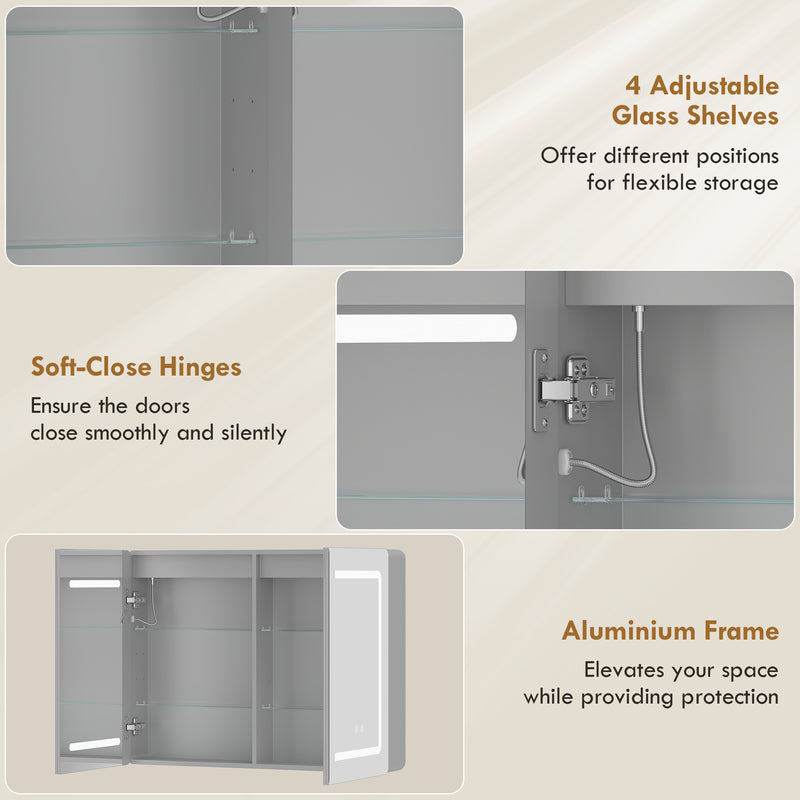 Bathroom Mirror Cabinet with Adjustable LED Lights and Demister Pad for Organised Storage Silver