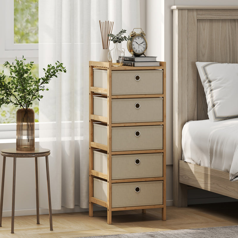 Slim Chest of Drawers for Small Bedrooms with Five Fabric Storage Drawers Natural Finish AOSOM