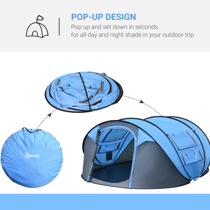 Outsunny 4 Person Pop-up Camping Tent, Family Dome Tent with Ground Sheet, 4 Windows and Portable Carry Bag for Beach Outdoor Trip, Sky Blue