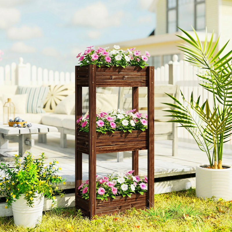 Raised Wooden Planter with 3 Tiers for Easy Gardening at Comfortable Height, Carbonised Finish Outsunny