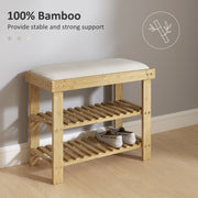 Cream White Bamboo Shoe Bench With Cushion And 3 Tier Rack For Hallway Or Bedroom