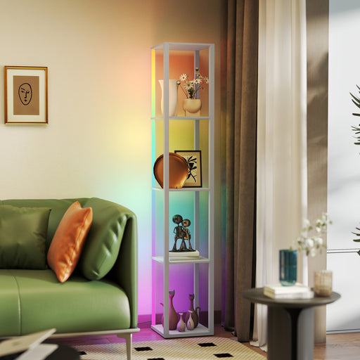 Modern RGB LED Floor Lamp with Shelves and Remote Control for Living Room Grey