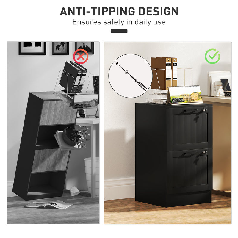 2 Drawer Lockable Filing Cabinet With Adjustable File Rails For Home Office Use Black