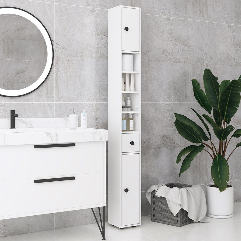 Tall Slim Bathroom Storage Cabinet With Adjustable Shelves And Cupboards, White